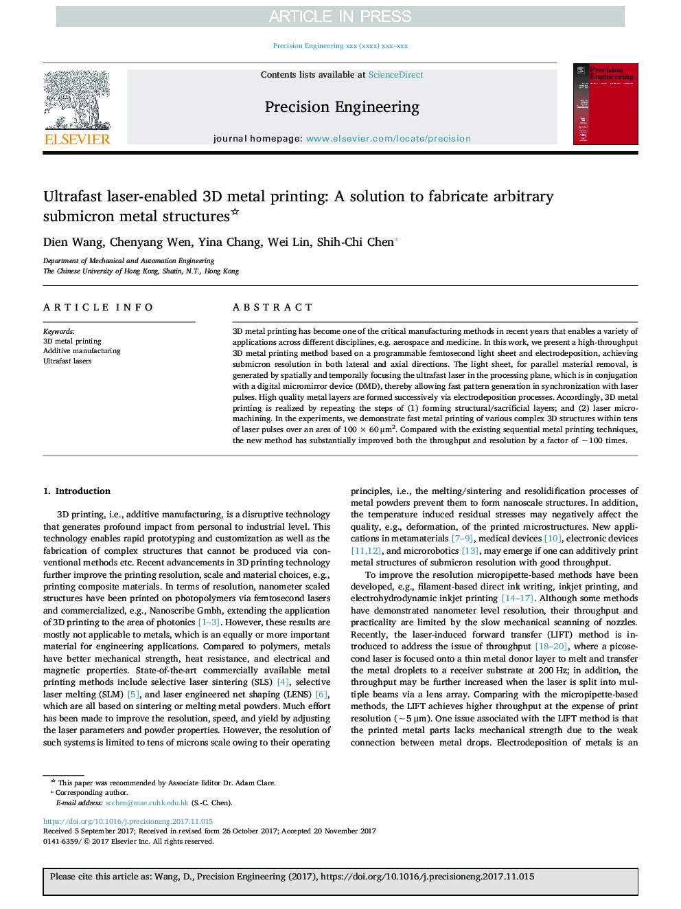 Ultrafast laser-enabled 3D metal printing: A solution to fabricate arbitrary submicron metal structures