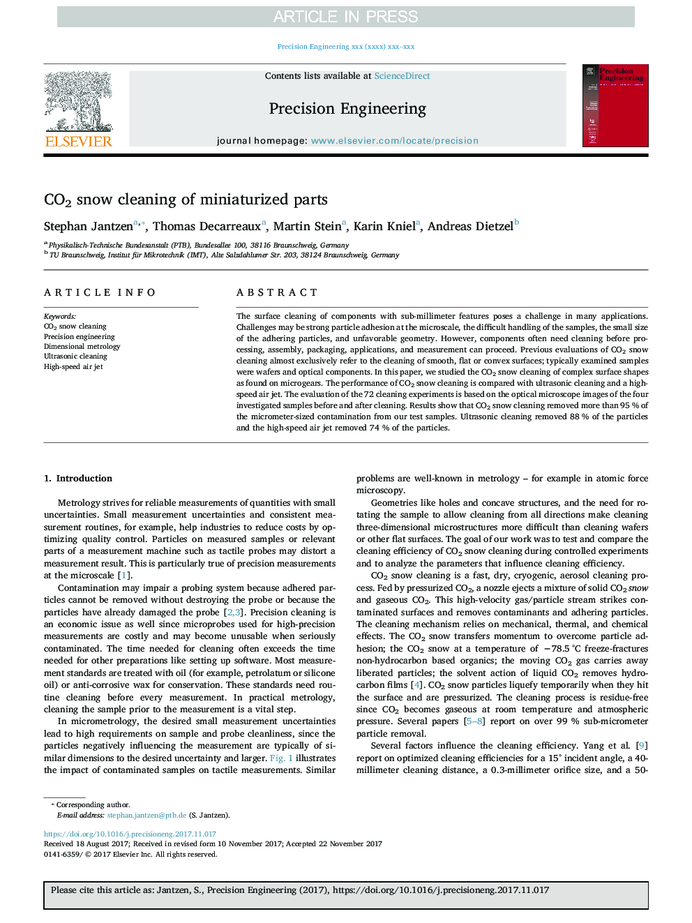 CO2 snow cleaning of miniaturized parts