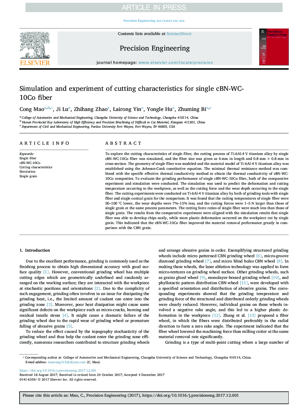 Simulation and experiment of cutting characteristics for single cBN-WC-10Co fiber