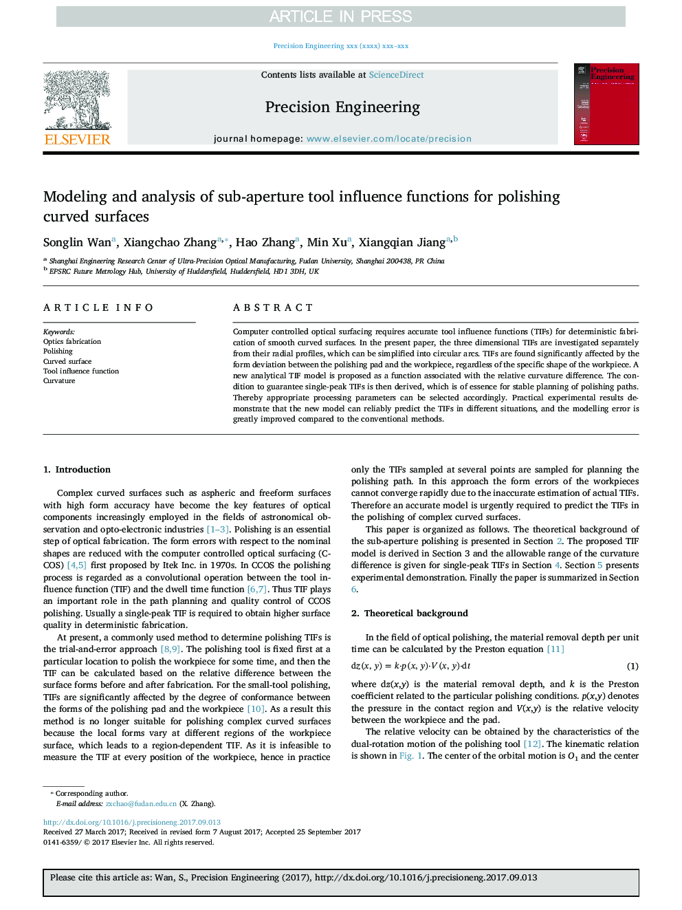 Modeling and analysis of sub-aperture tool influence functions for polishing curved surfaces