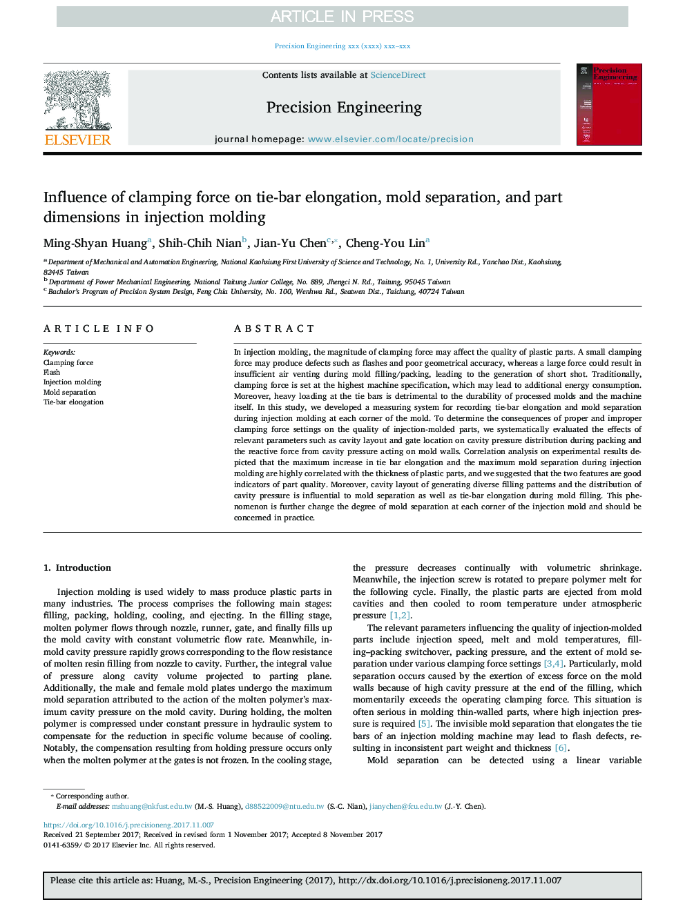 Influence of clamping force on tie-bar elongation, mold separation, and part dimensions in injection molding