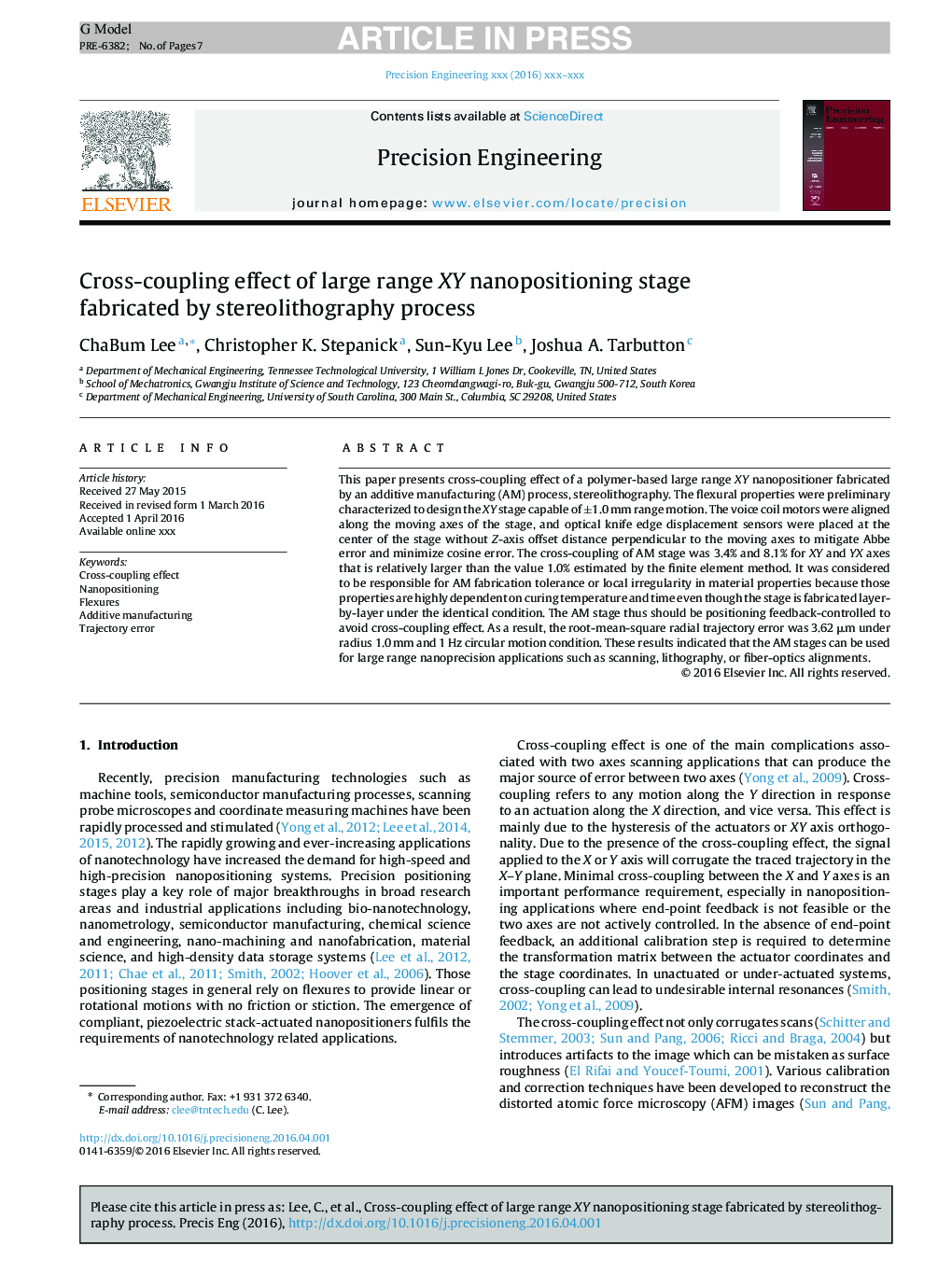 Cross-coupling effect of large range XY nanopositioning stage fabricated by stereolithography process