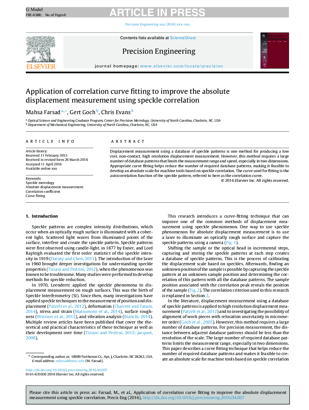 Application of correlation curve fitting to improve the absolute displacement measurement using speckle correlation