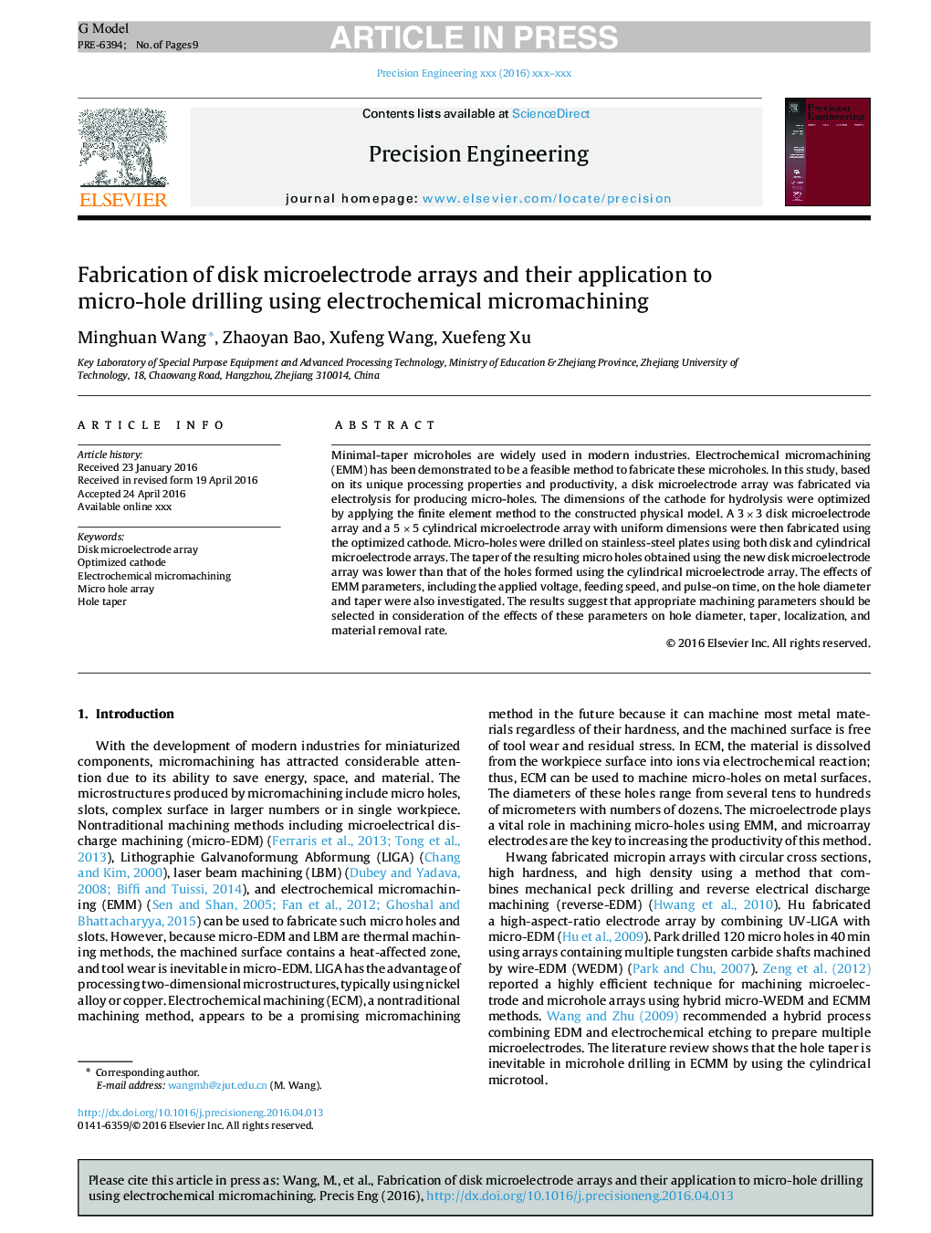 Fabrication of disk microelectrode arrays and their application to micro-hole drilling using electrochemical micromachining