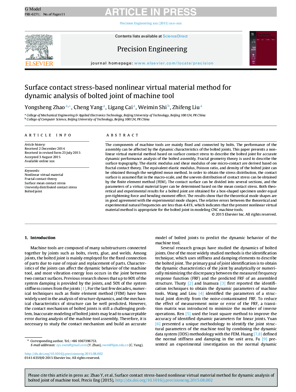 Surface contact stress-based nonlinear virtual material method for dynamic analysis of bolted joint of machine tool