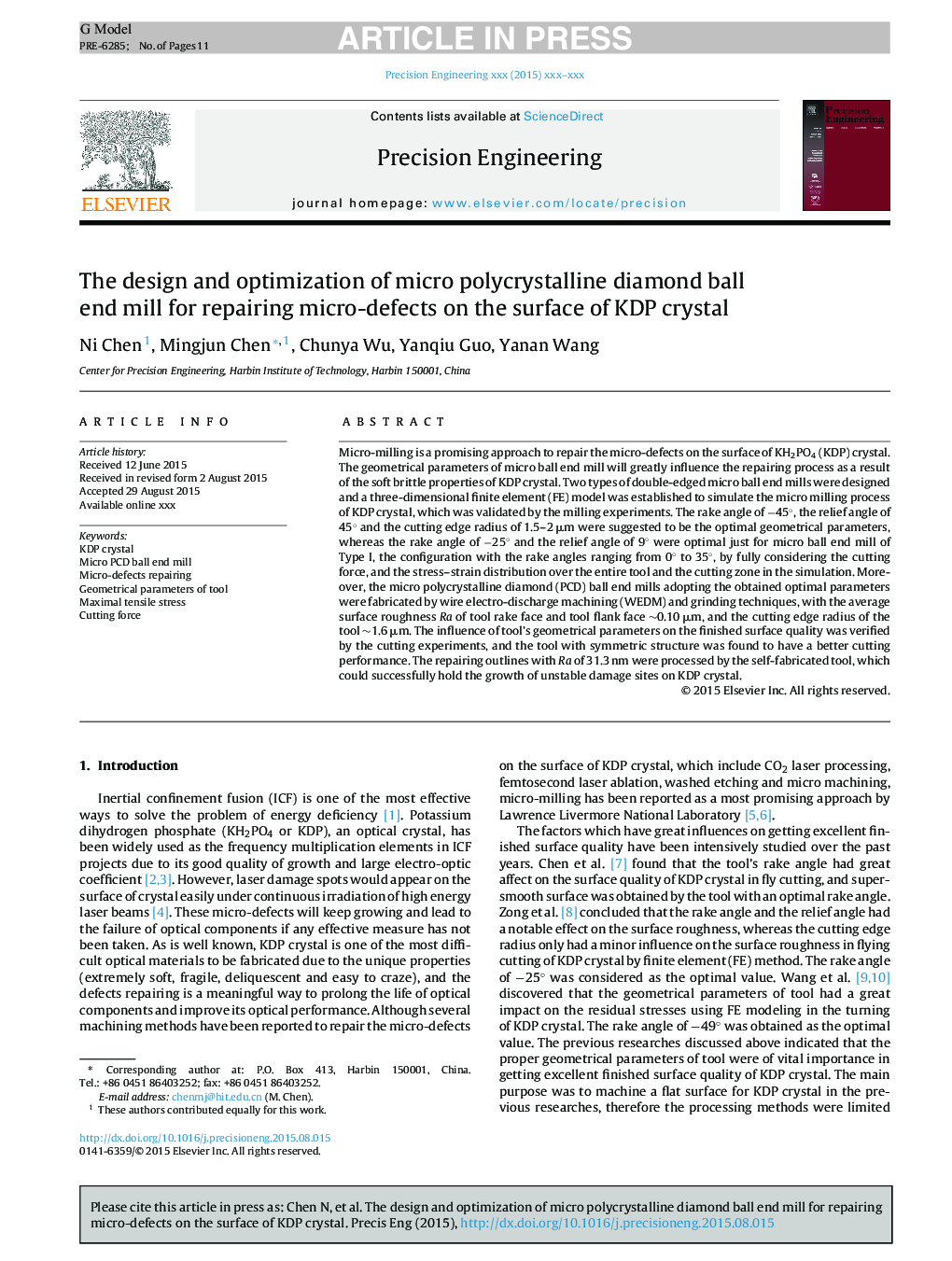 The design and optimization of micro polycrystalline diamond ball end mill for repairing micro-defects on the surface of KDP crystal