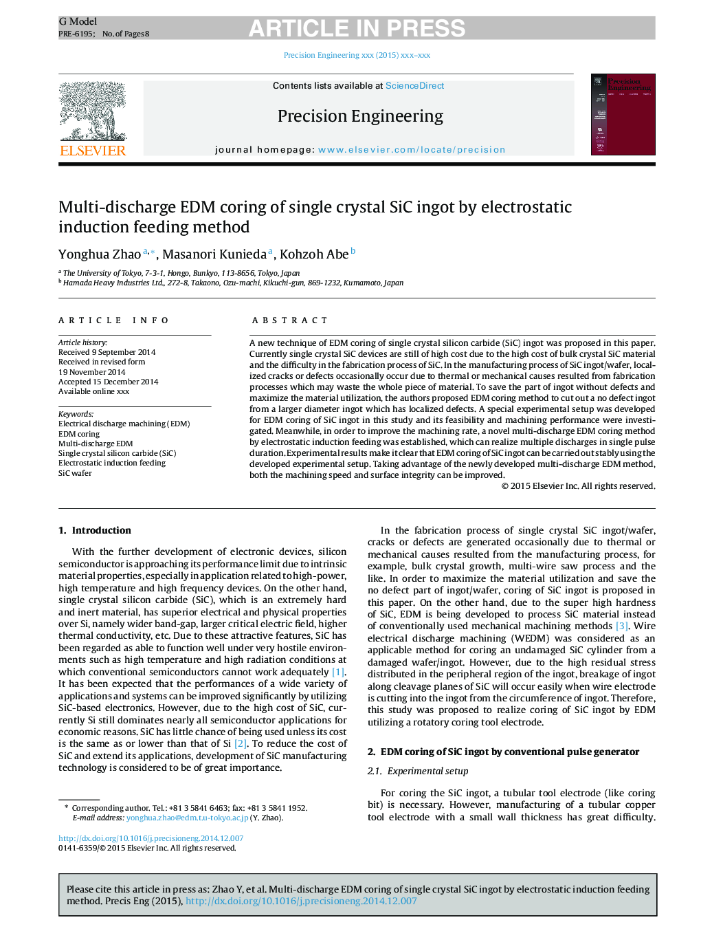 Multi-discharge EDM coring of single crystal SiC ingot by electrostatic induction feeding method