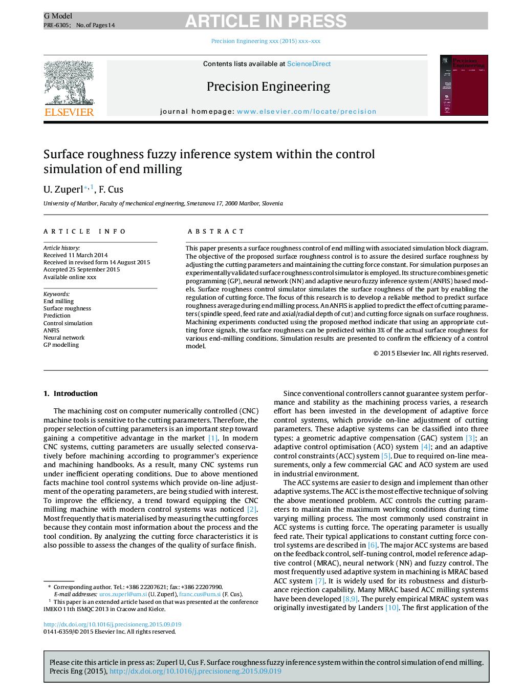 Surface roughness fuzzy inference system within the control simulation of end milling