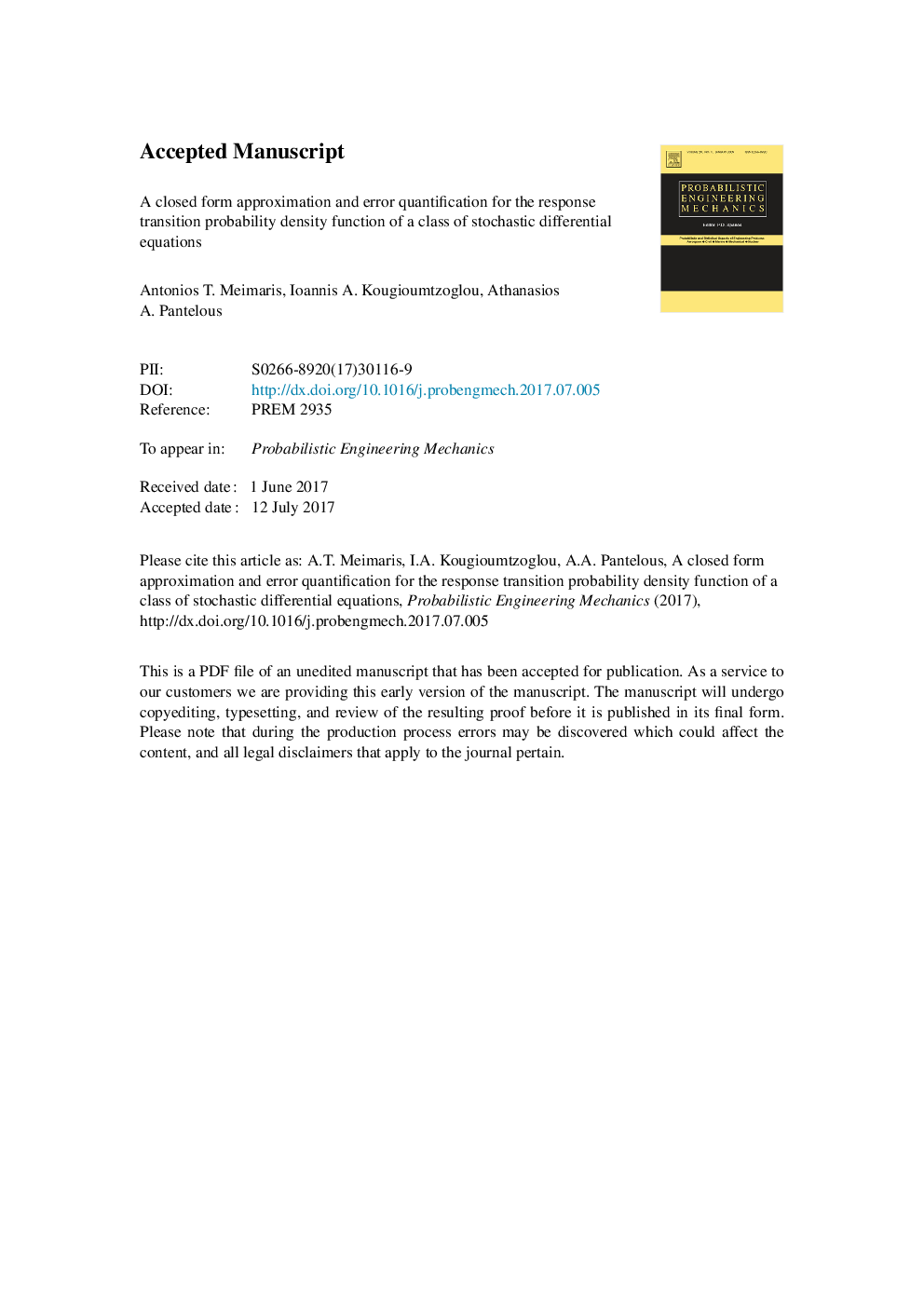 A closed form approximation and error quantification for the response transition probability density function of a class of stochastic differential equations