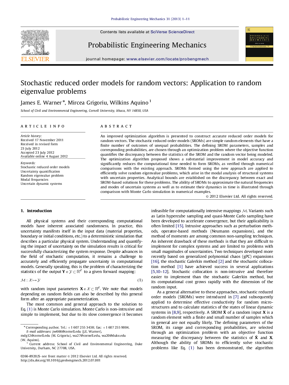 Stochastic reduced order models for random vectors: Application to random eigenvalue problems