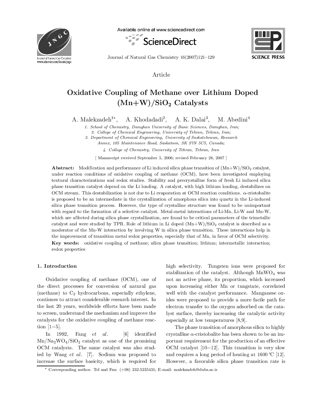 Oxidative Coupling of Methane over Lithium Doped (Mn+W)/SiO2 Catalysts