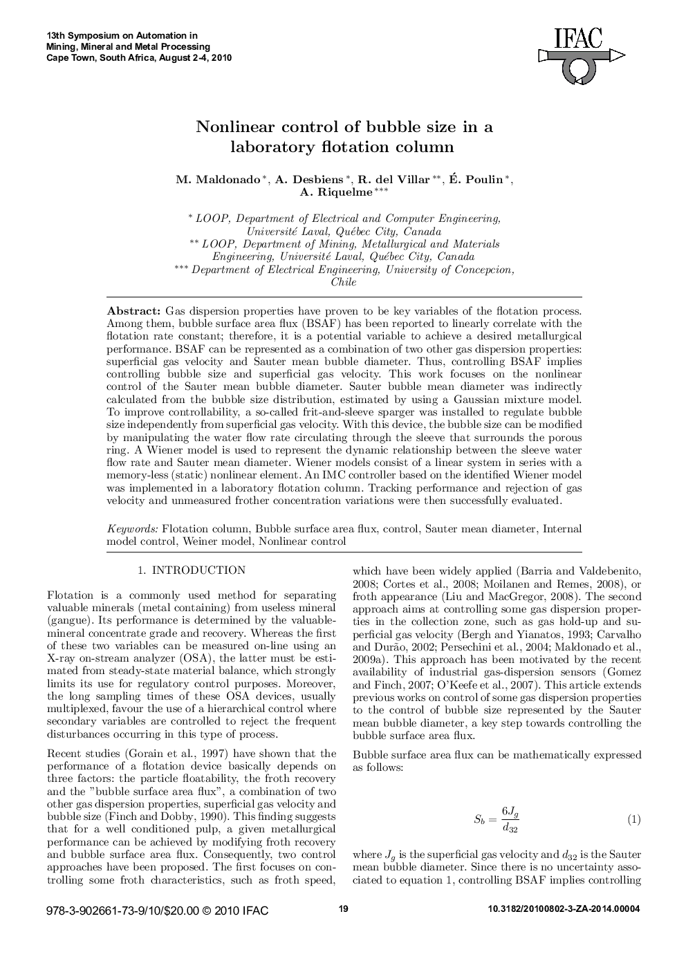 Nonlinear control of bubble size in a laboratory flotation column