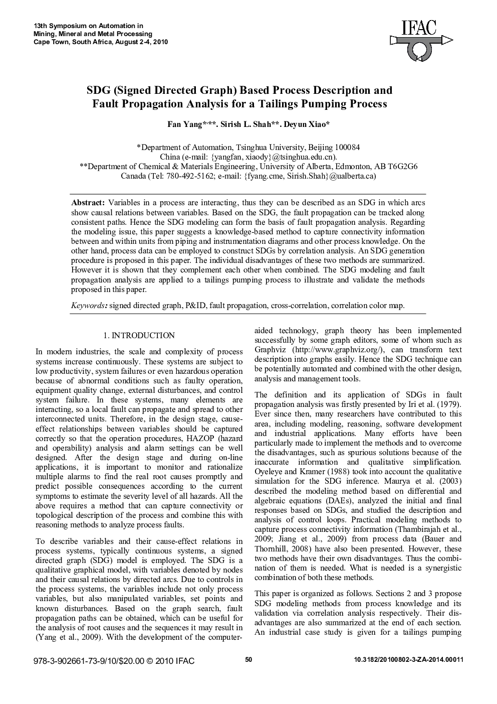 SDG (Signed Directed Graph) Based Process Description and Fault Propagation Analysis for a Tailings Pumping Process