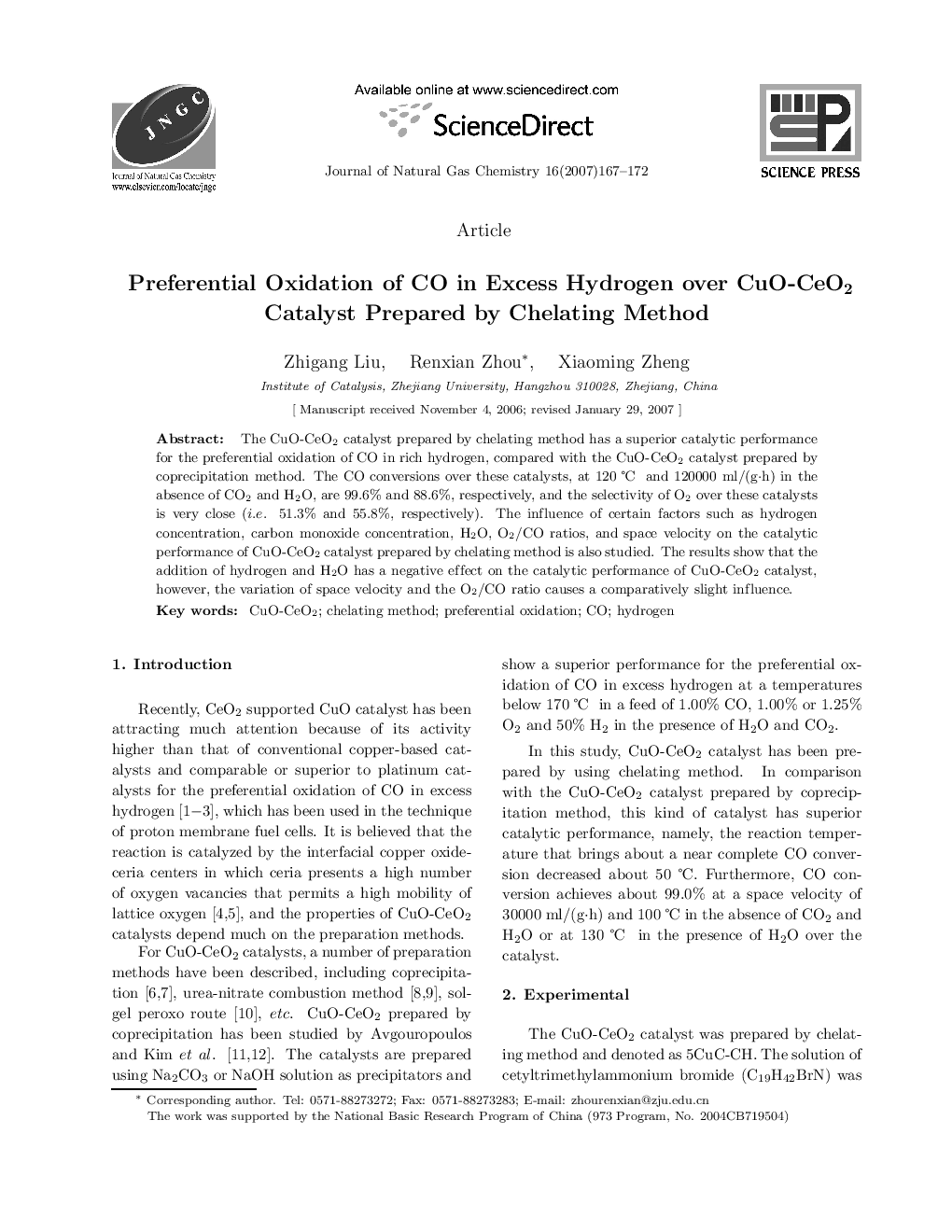 Preferential Oxidation of CO in Excess Hydrogen over CuO-CeO2 Catalyst Prepared by Chelating Method 