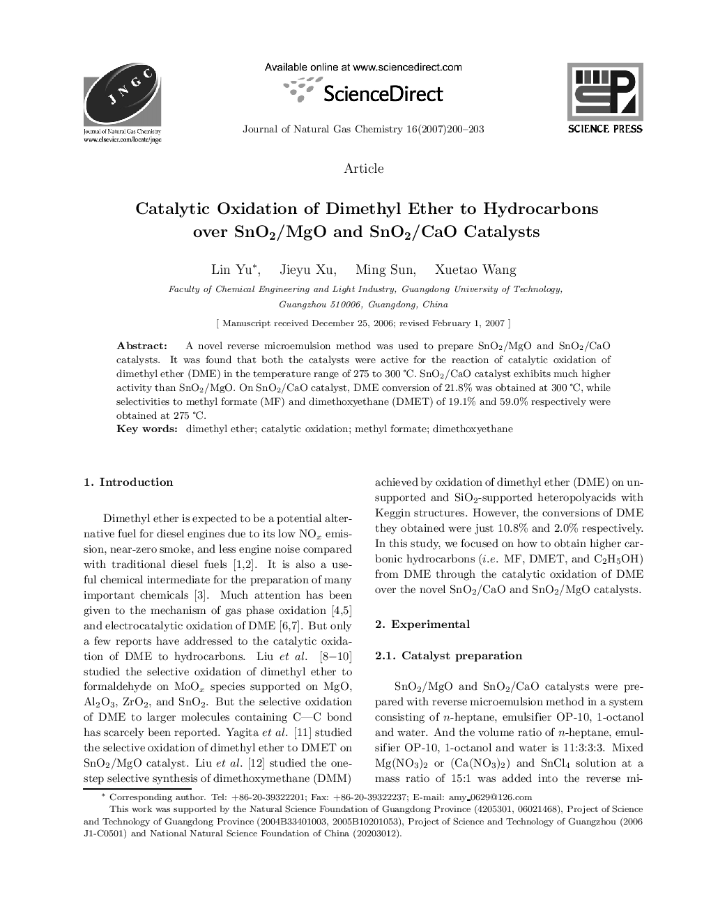 Catalytic Oxidation of Dimethyl Ether to Hydrocarbons over SnO2/MgO and SnO2/CaO Catalysts 