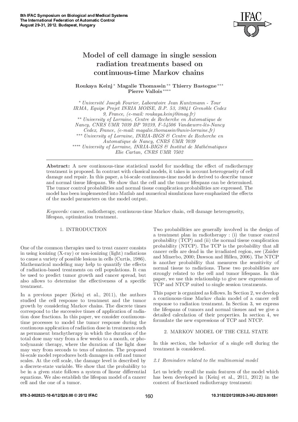 Model of cell damage in single session radiation treatments based on continuous-time Markov chains
