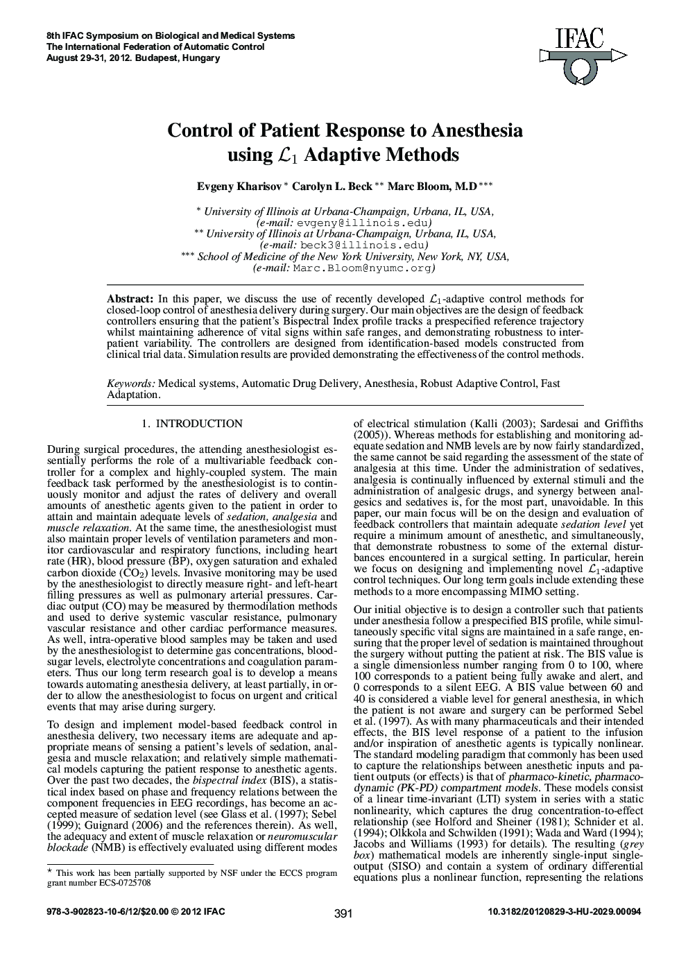 Control of Patient Response to Anesthesia using ℒ 1 Adaptive Methods 