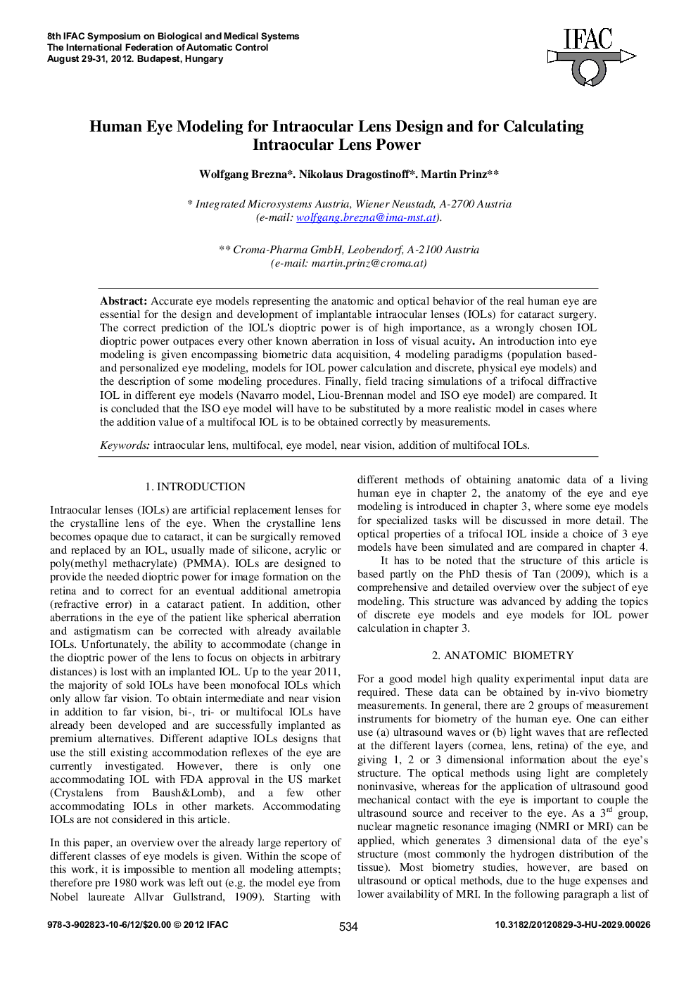 Human Eye Modeling for Intraocular Lens Design and for Calculating Intraocular Lens Power