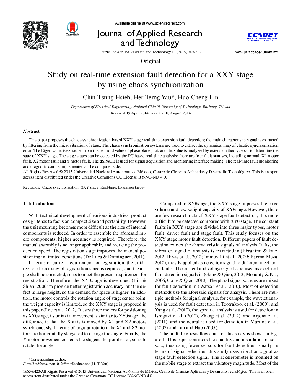 Study on Real-time Extension Fault Detection for a XXY Stage by using Chaos Synchronization