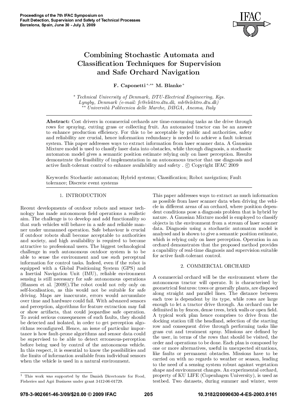 Combining Stochastic Automata and Classification Techniques for Supervision and Safe Orchard Navigation