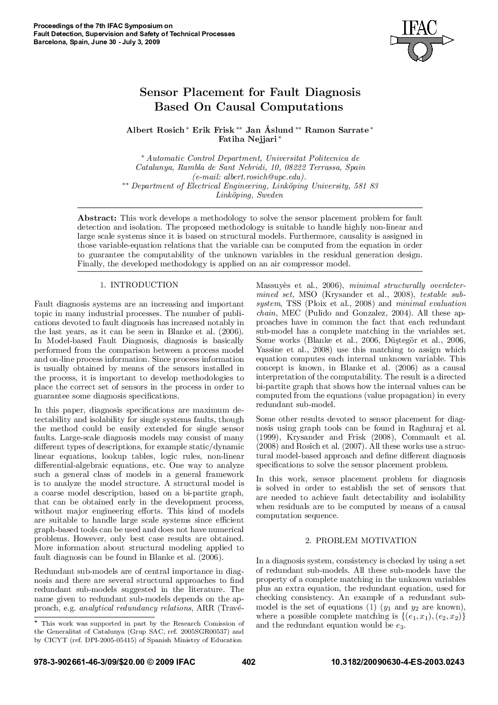 عکس صفحه اول مقاله: Sensor Placement for Fault Diagnosis Based On Causal Computations Sensor Placement for Fault Diagnosis Based On Causal Computations
