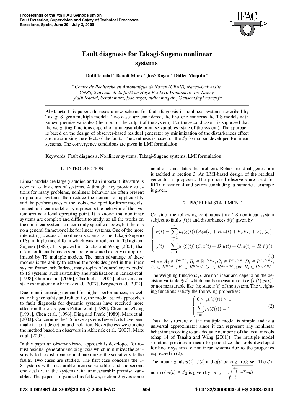 Fault diagnosis for Takagi-Sugeno nonlinear systems