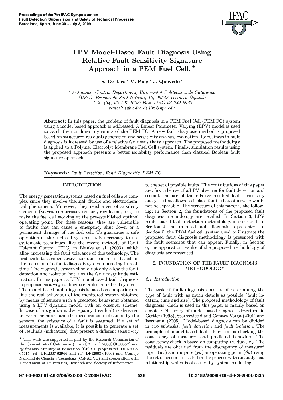 LPV Model-Based Fault Diagnosis Using Relative Fault Sensitivity Signature Approach in a PEM Fuel Cell. 