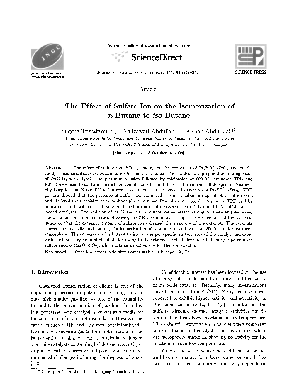 The Effect of Sulfate Ion on the Isomerization of n-Butane to iso-Butane