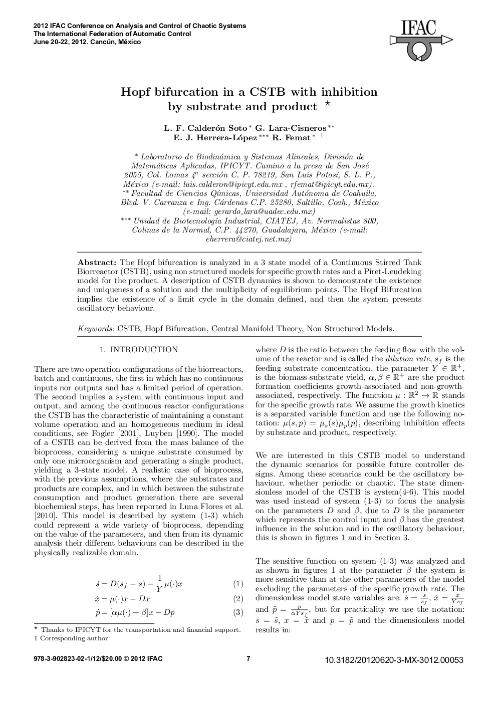 Hopf bifurcation in a CSTB with inhibition by substrate and product*