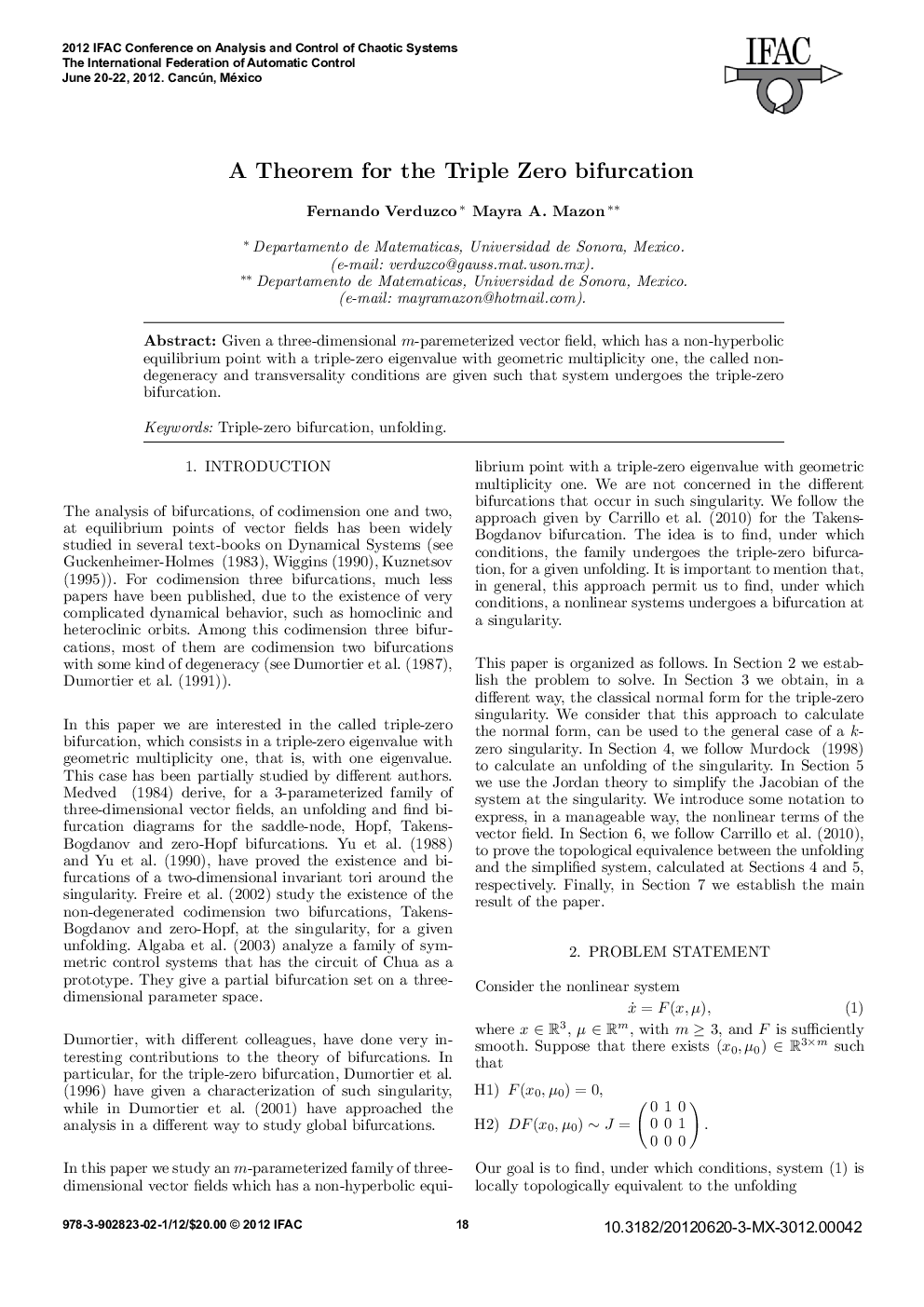 A Theorem for the Triple Zero bifurcation