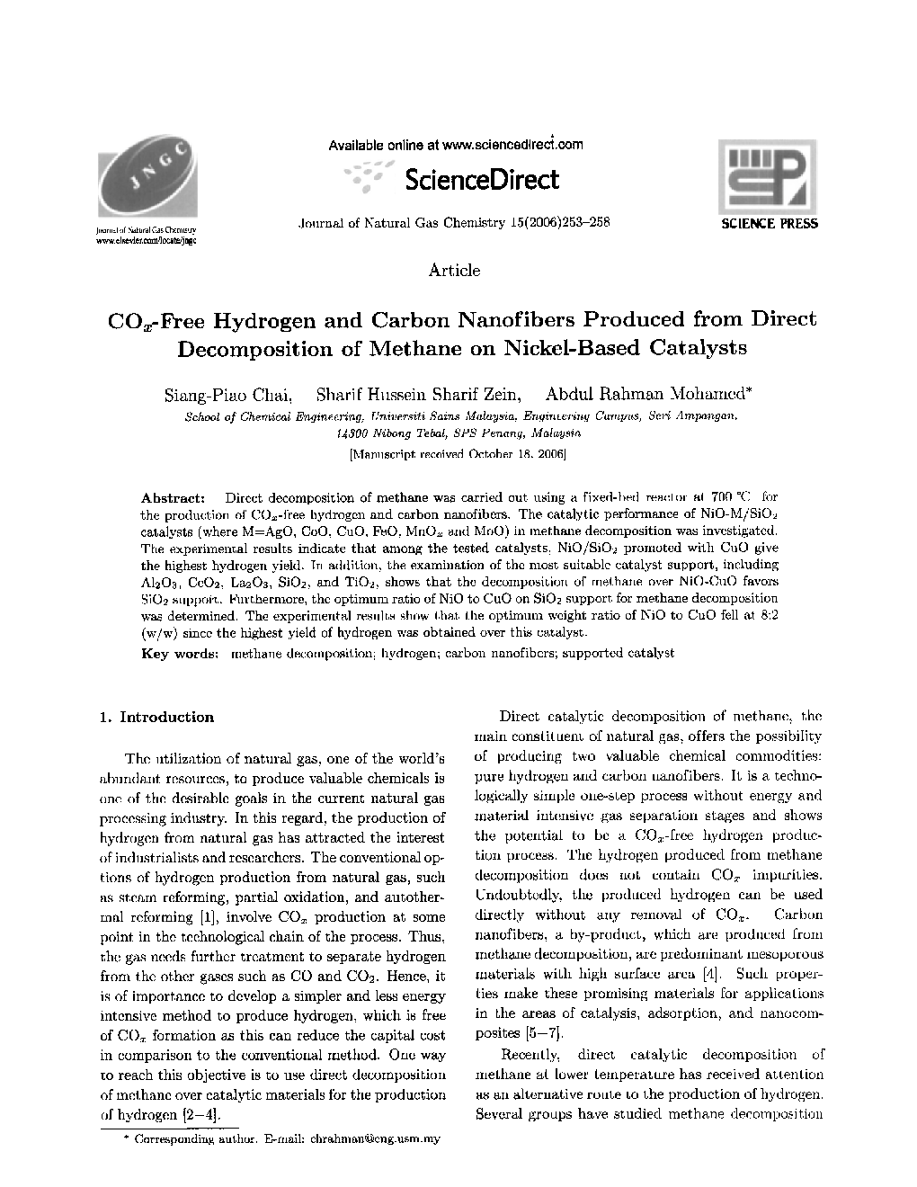 COx-Free Hydrogen and Carbon Nanofibers Produced from Direct Decomposition of Methane on Nickel-Based Catalysts