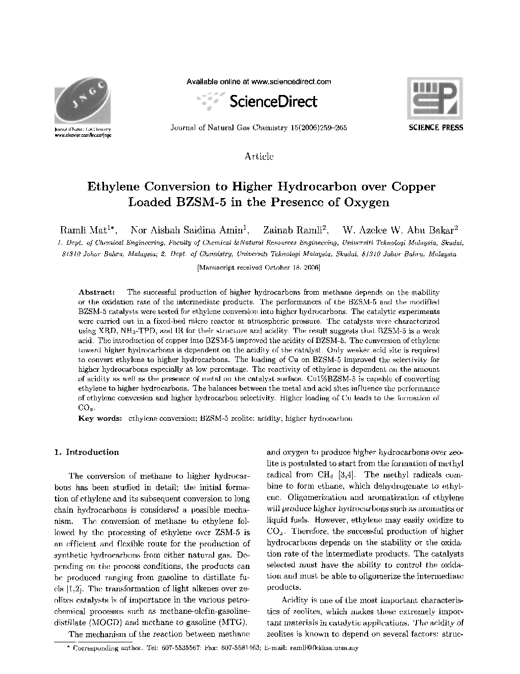 Ethylene Conversion to Higher Hydrocarbon over Copper Loaded BZSM-5 in the Presence of Oxygen