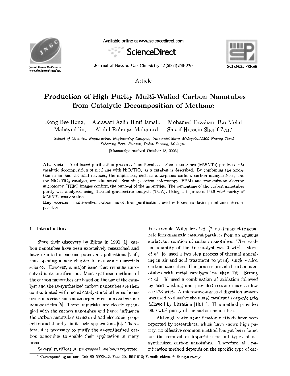 Production of High Purity Multi-Walled Carbon Nanotubes from Catalytic Decomposition of Methane