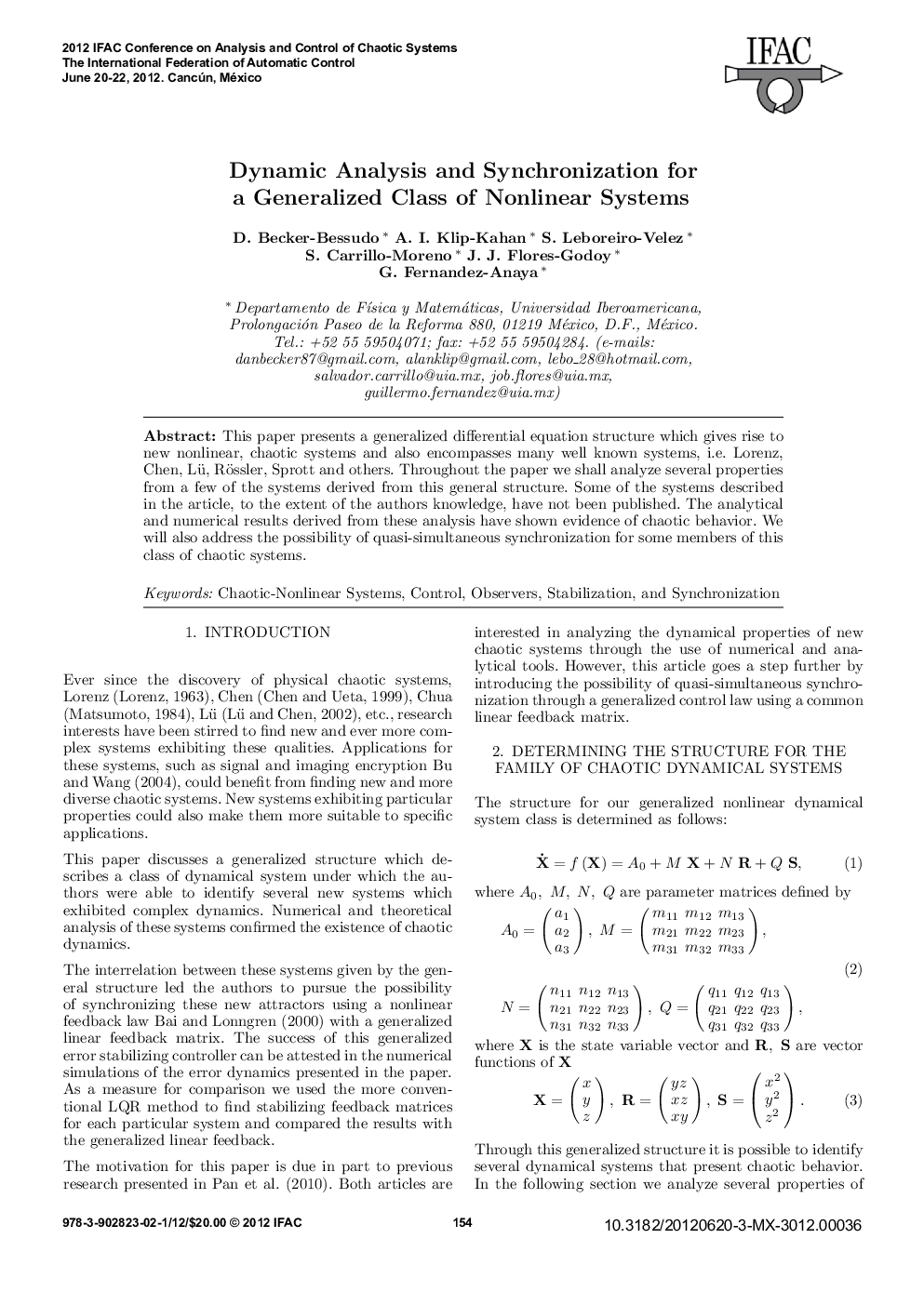 Dynamic Analysis and Synchronization for a Generalized Class of Nonlinear Systems