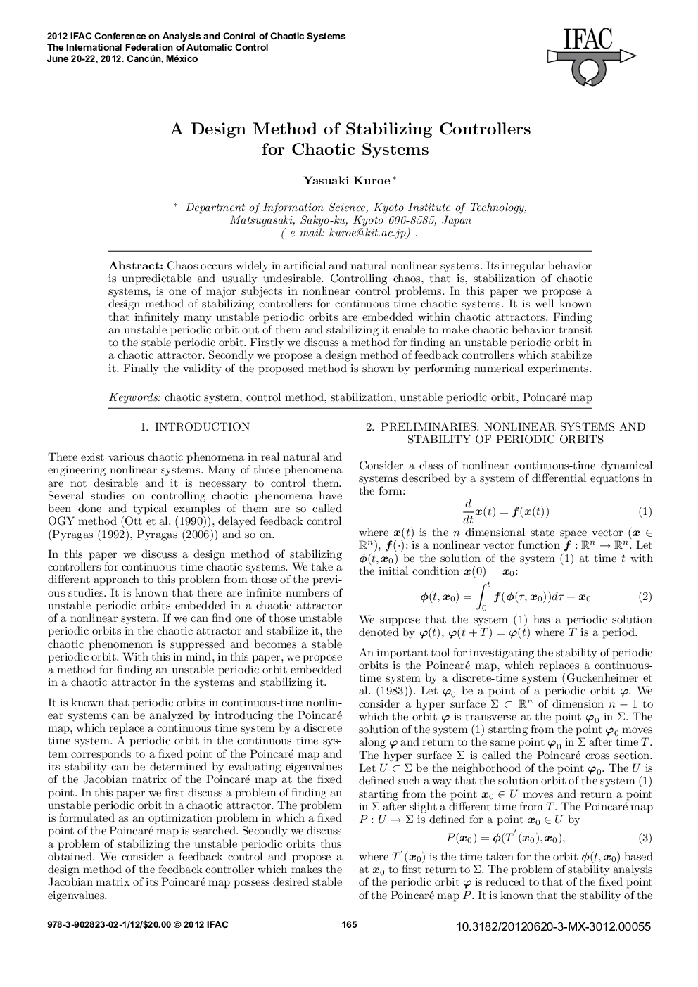 A Design Method of Stabilizing Controllers for Chaotic Systems