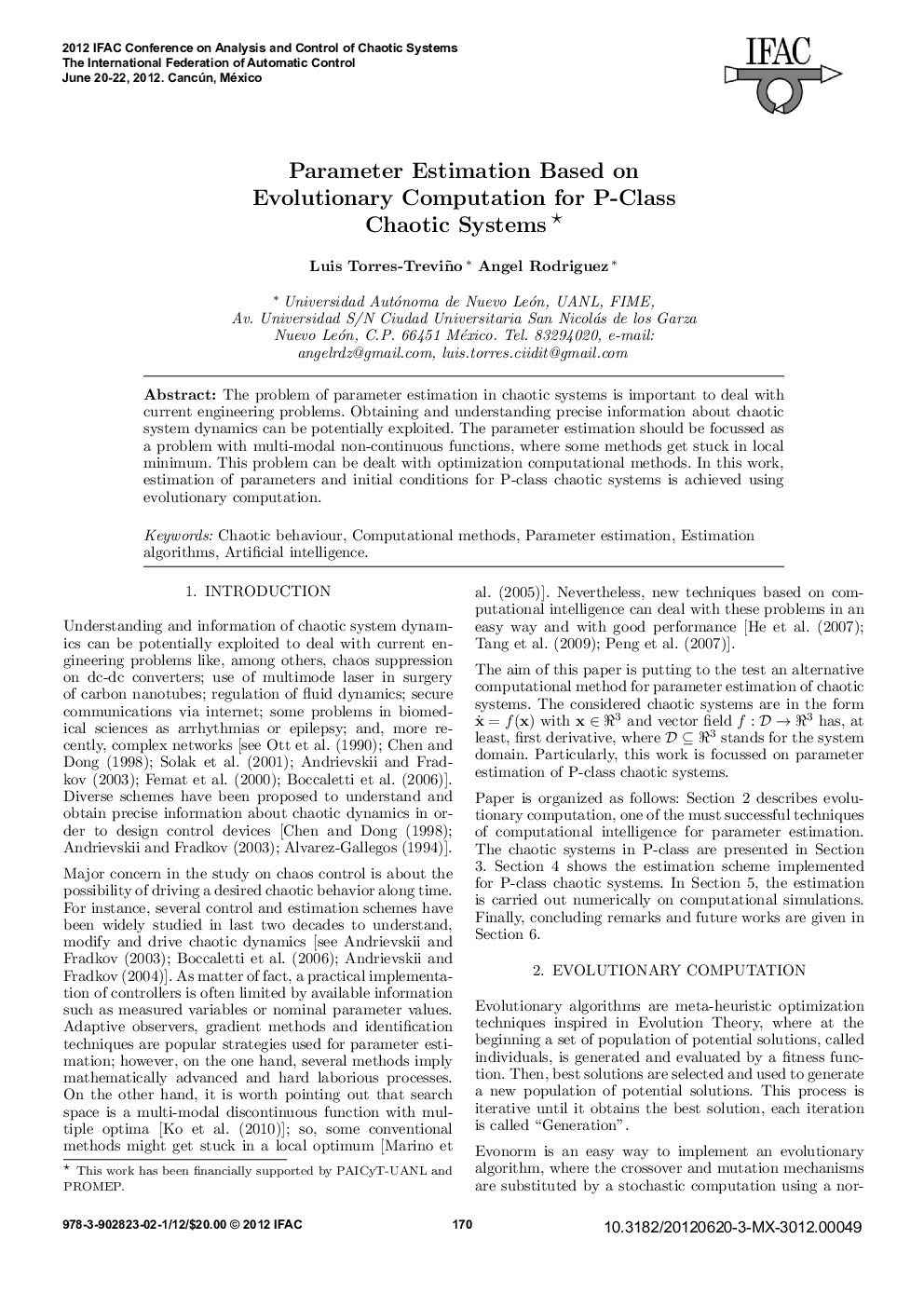Parameter Estimation Based on Evolutionary Computation for P-Class Chaotic Systems*