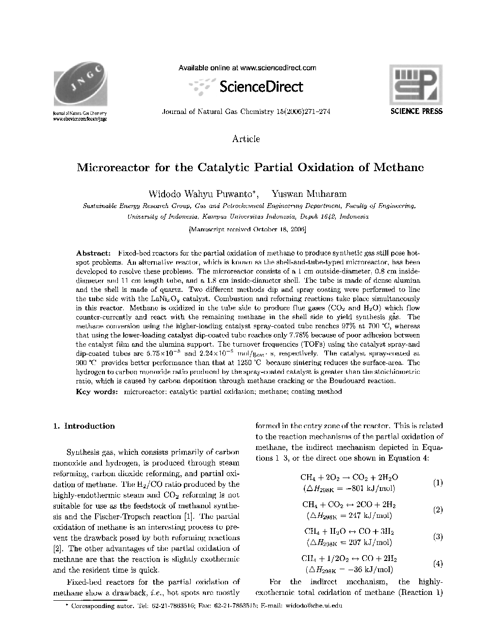Microreactor for the Catalytic Partial Oxidation of Methane