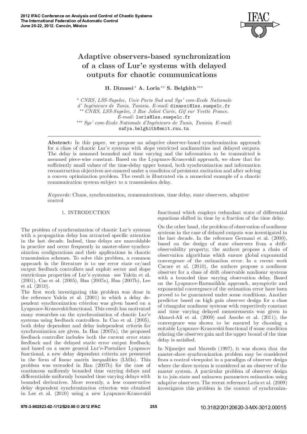 Adaptive observers-based synchronization of a class of Lur'e systems with delayed outputs for chaotic communications
