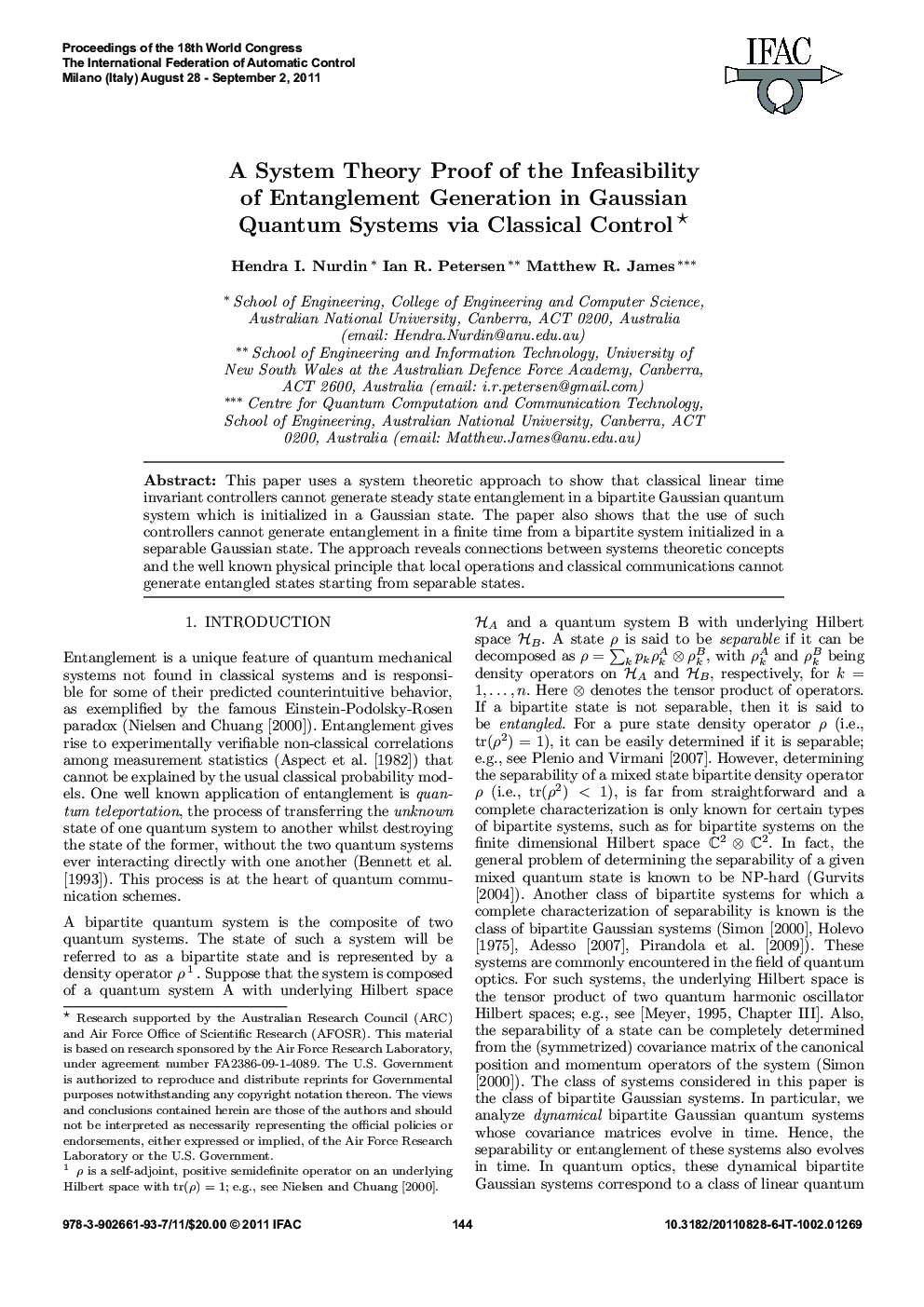 A System Theory Proof of the Infeasibility of Entanglement Generation in Gaussian Quantum Systems via Classical Control 