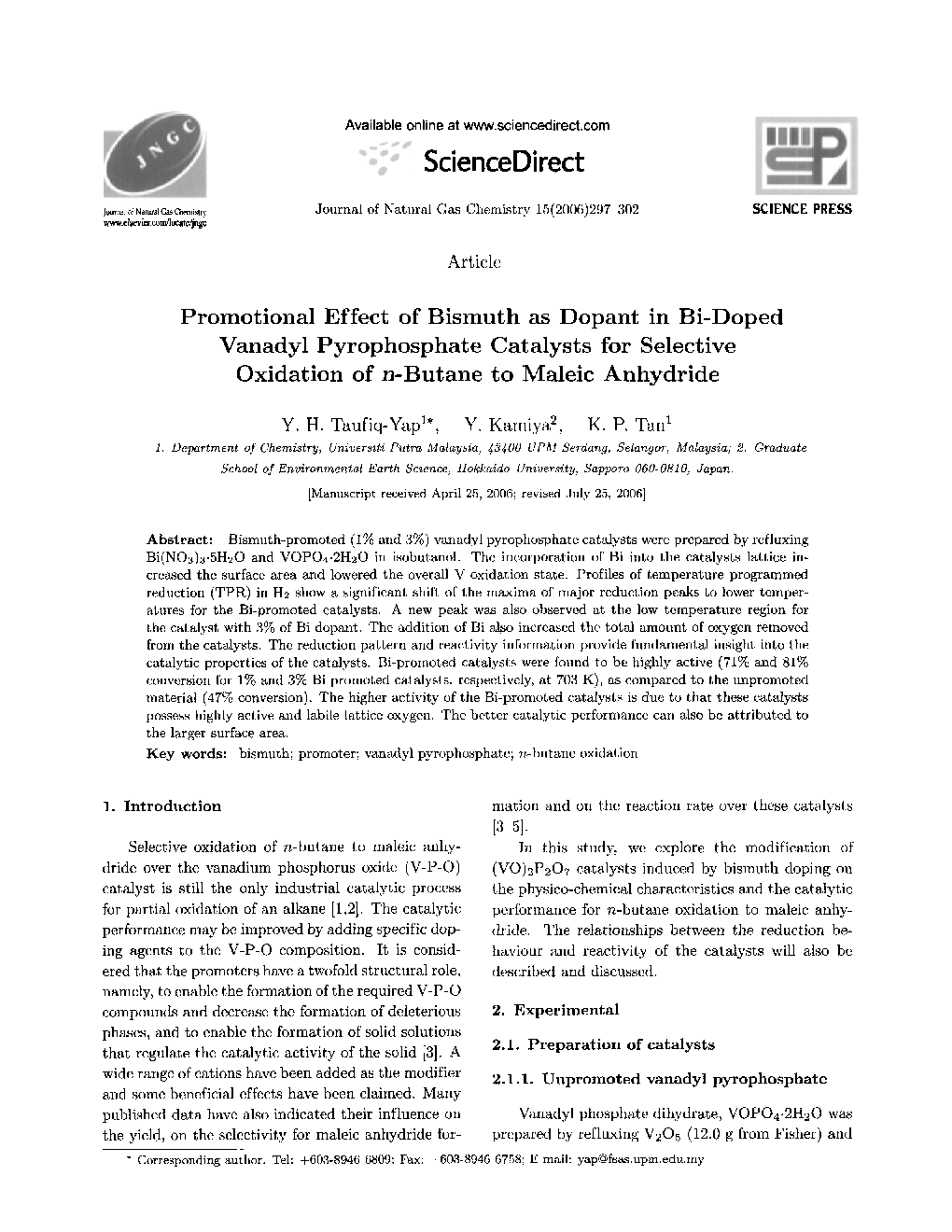 Promotional Effect of Bismuth as Dopant in Bi-Doped Vanadyl Pyrophosphate Catalysts for Selective Oxidation of n-Butane to Maleic Anhydride