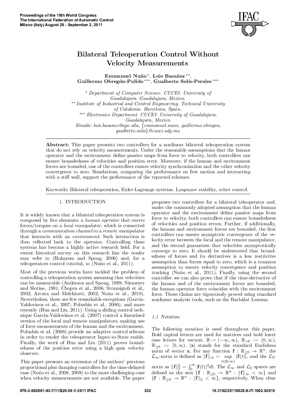 Bilateral Teleoperation Control Without Velocity Measurements