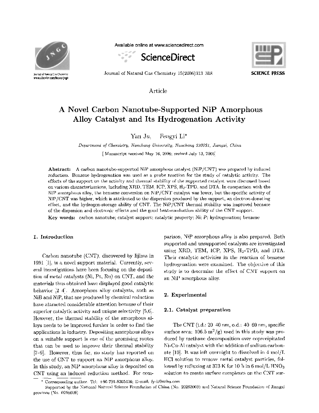 A Novel Carbon Nanotube-Supported NiP Amorphous Alloy Catalyst and Its Hydrogenation Activity