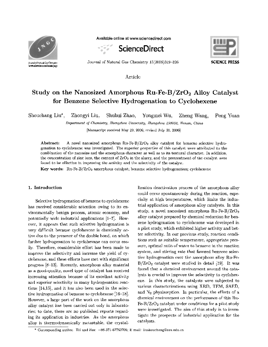 Study on the Nanosized Amorphous Ru-Fe-B/ZrO2 Alloy Catalyst for Benzene Selective Hydrogenation to Cyclohexene