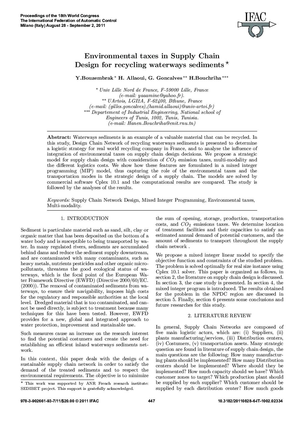 Environmental taxes in Supply Chain Design for recycling waterways sediments*