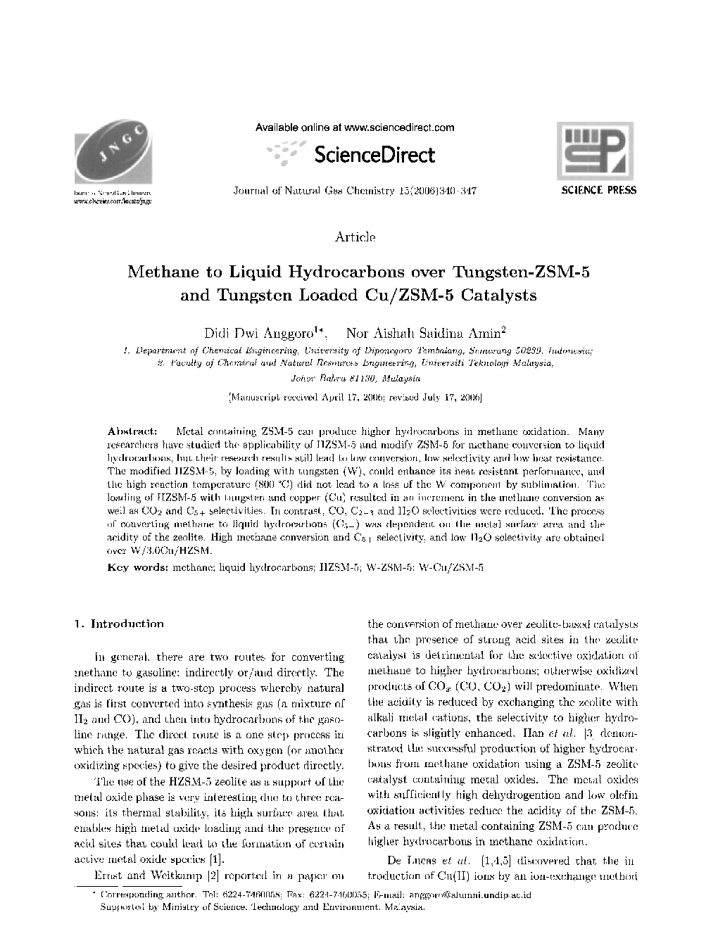 Methane to Liquid Hydrocarbons over Tungsten-ZSM-5 and Tungsten Loaded Cu/ZSM-5 Catalysts 