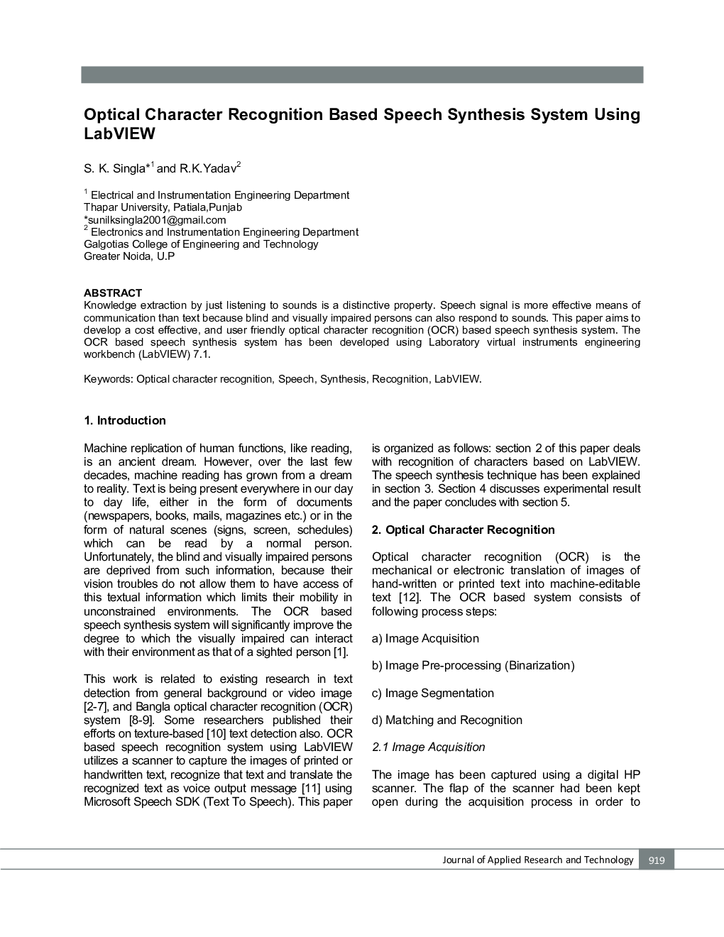 Optical Character Recognition Based Speech Synthesis System Using LabVIEW