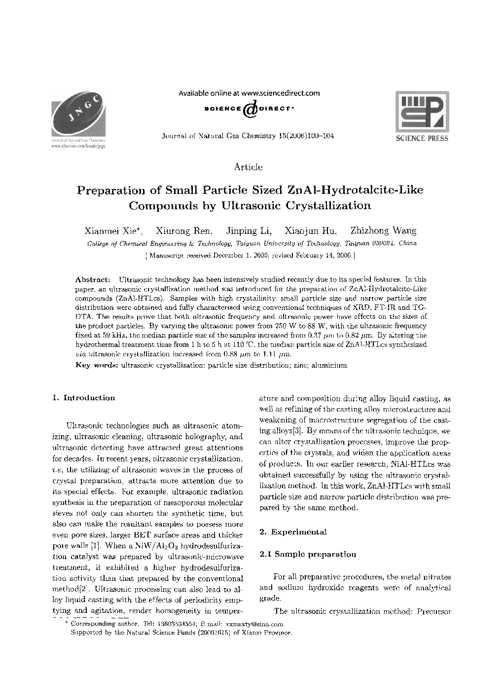 Preparation of Small Particle Sized ZnAl-Hydrotalcite-Like Compounds by Ultrasonic Crystallization 