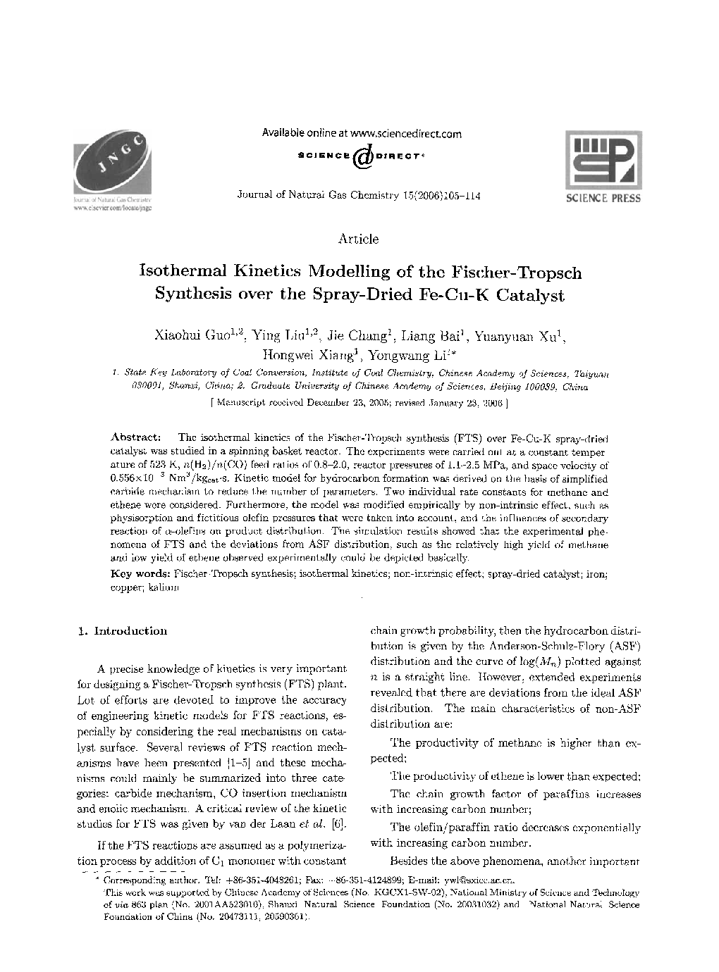 Isothermal Kinetics Modelling of the Fischer-Tropsch Synthesis over the Spray-Dried Fe-Cu-K Catalyst 