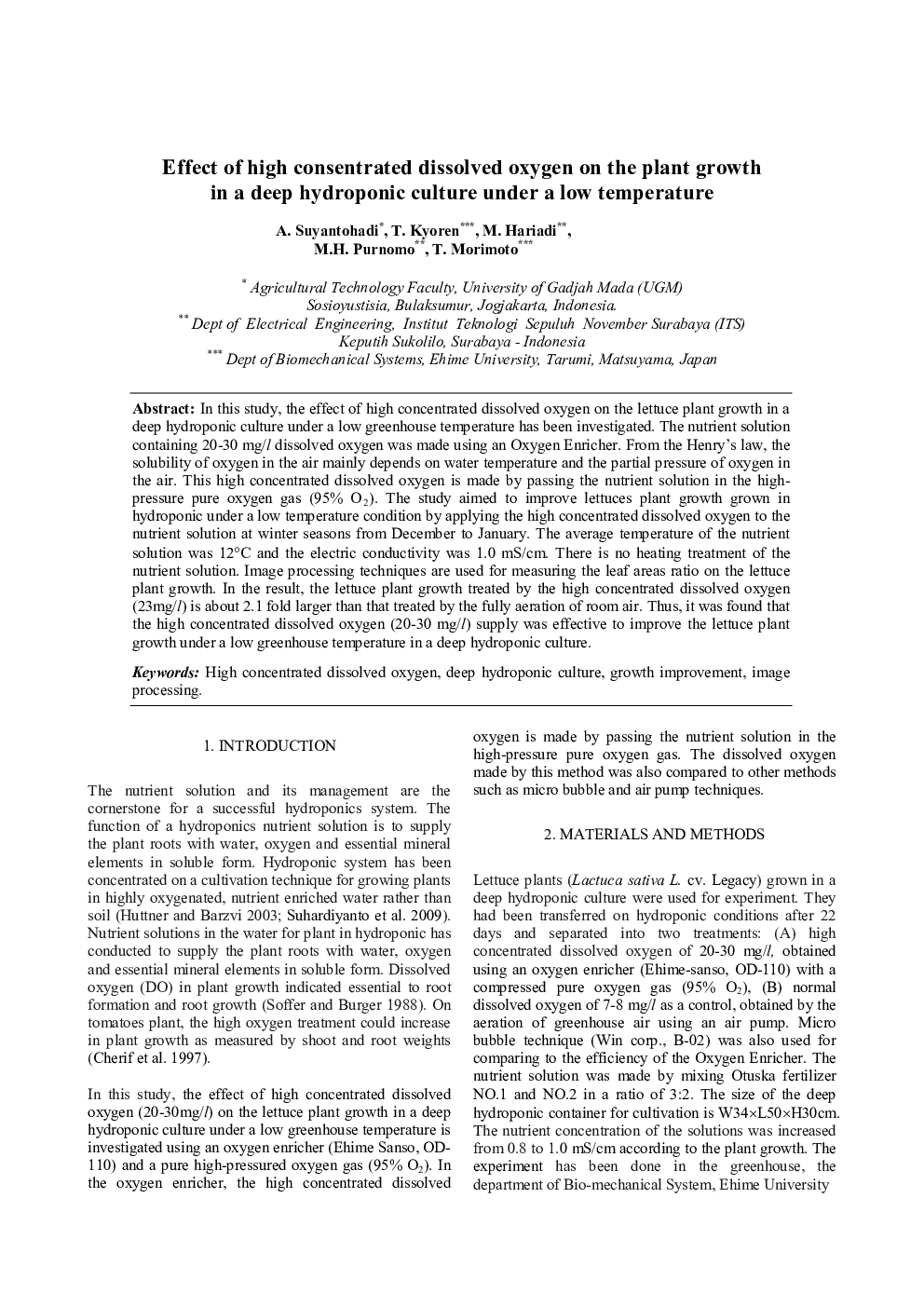 عکس صفحه اول مقاله: Effect of high consentrated dissolved oxygen on the plant growth in a deep hydroponic culture under a low temperature Effect of high consentrated dissolved oxygen on the plant growth in a deep hydroponic culture under a low temperature