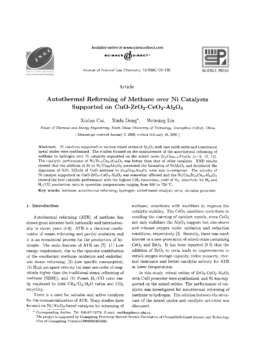 Autothermal Reforming of Methane over Ni Catalysts Supported on CuO-ZrO2-CeO2-Al2O3
